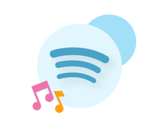 a blue version of the Spotify logo with pink and orange music notes in the bottom left corner