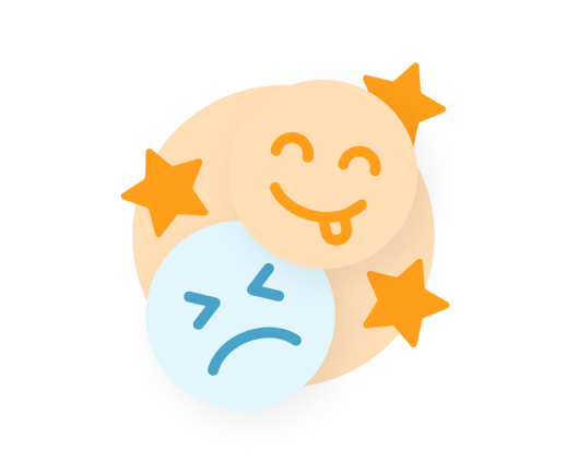 an orange emoji smiling sticking its tongue out overlapping with a blue emoji frowning surrounded by 3 orange stars