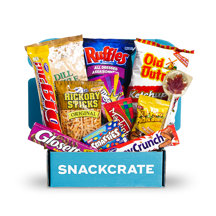 A blue open SnackCrate from Canada overflowing with snacks