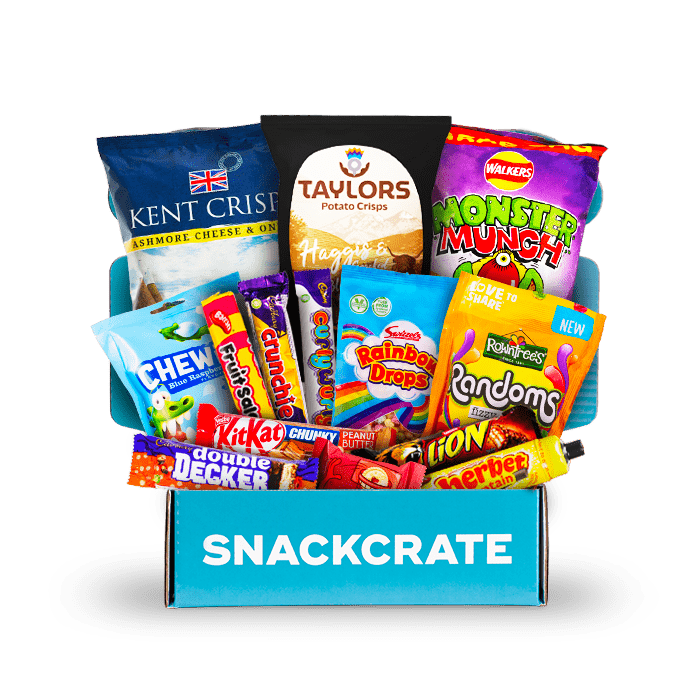 Image of an open United Kingdom SnackCrate overflowing with snacks