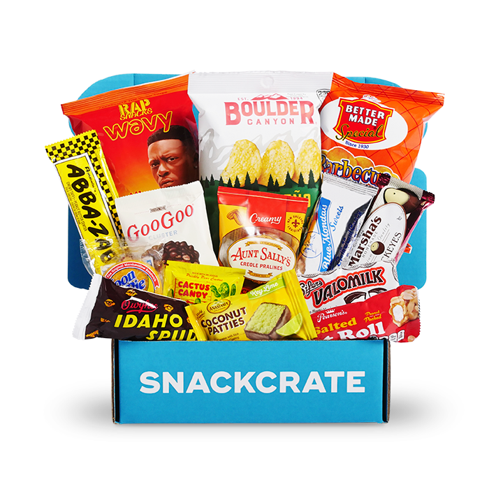 Image of an open Road Trip SnackCrate overflowing with snacks