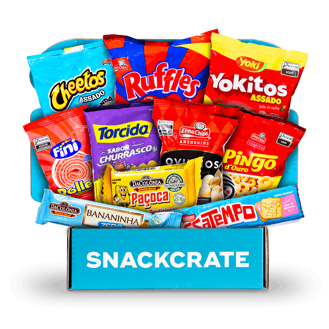 Image of an open Brazil SnackCrate overflowing with snacks
