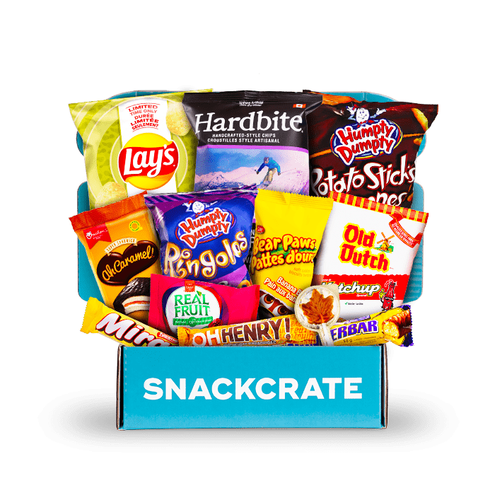 Image of an open Canada SnackCrate overflowing with snacks