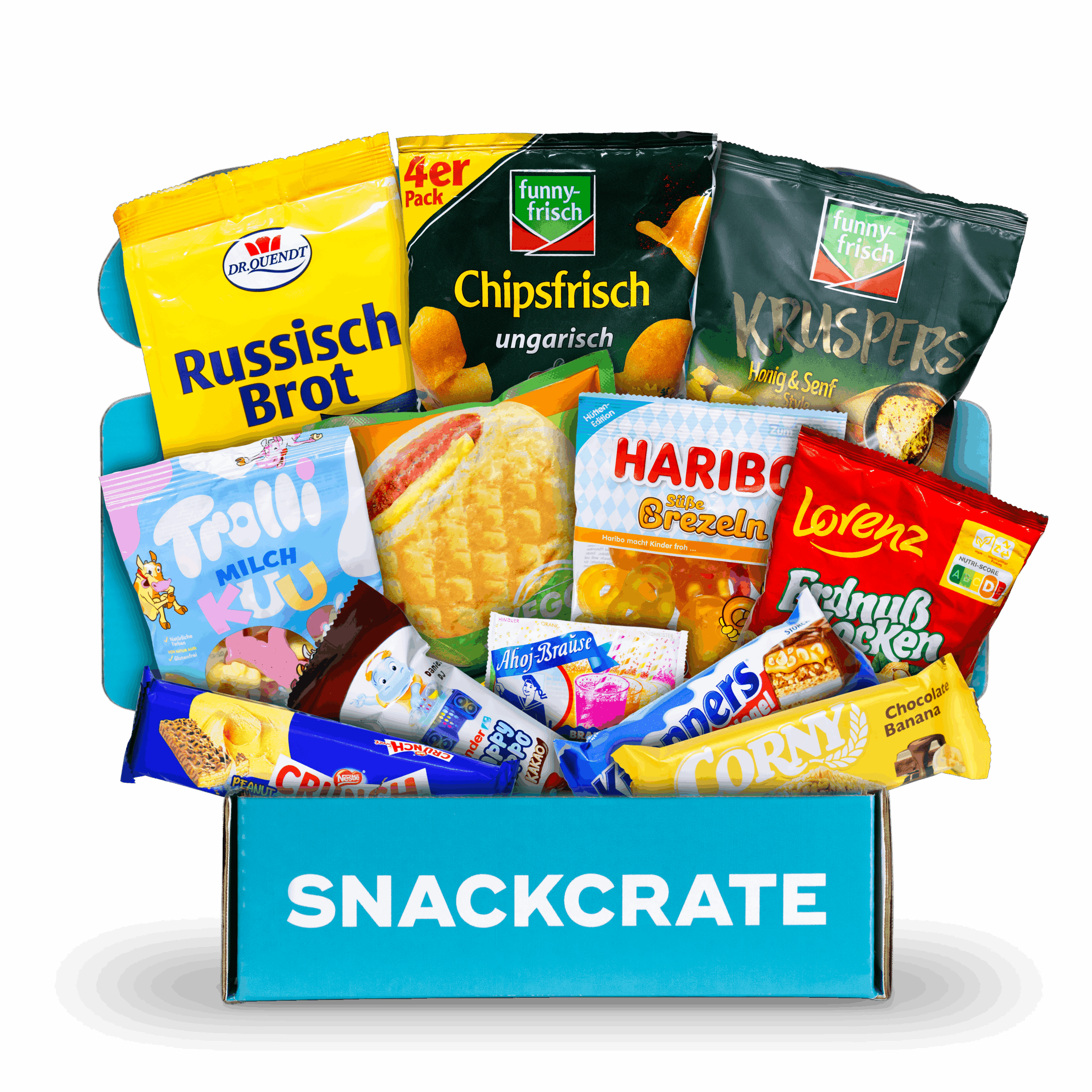 Image of an open Germany SnackCrate overflowing with snacks