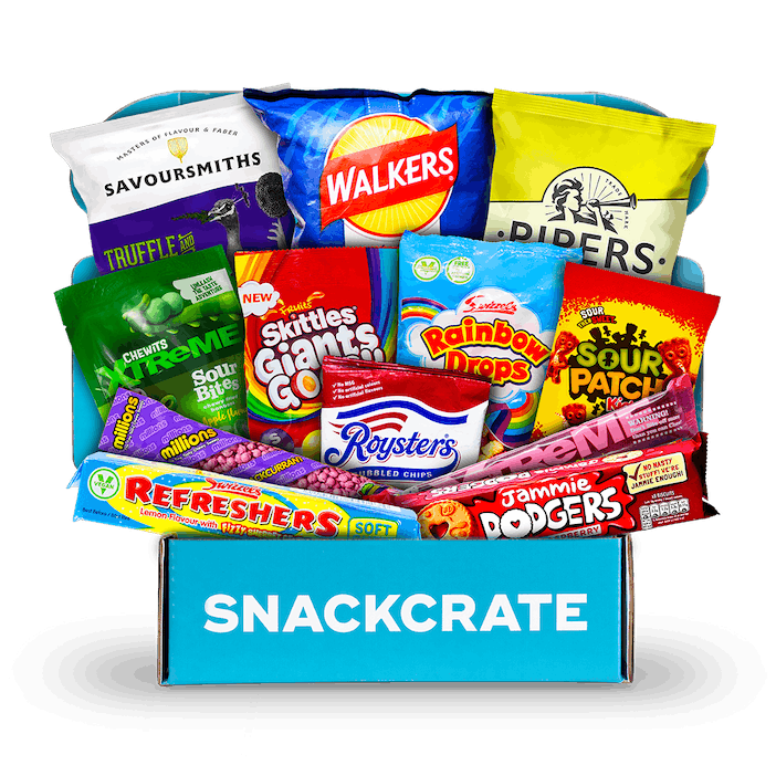 Image of an open United Kingdom SnackCrate overflowing with snacks