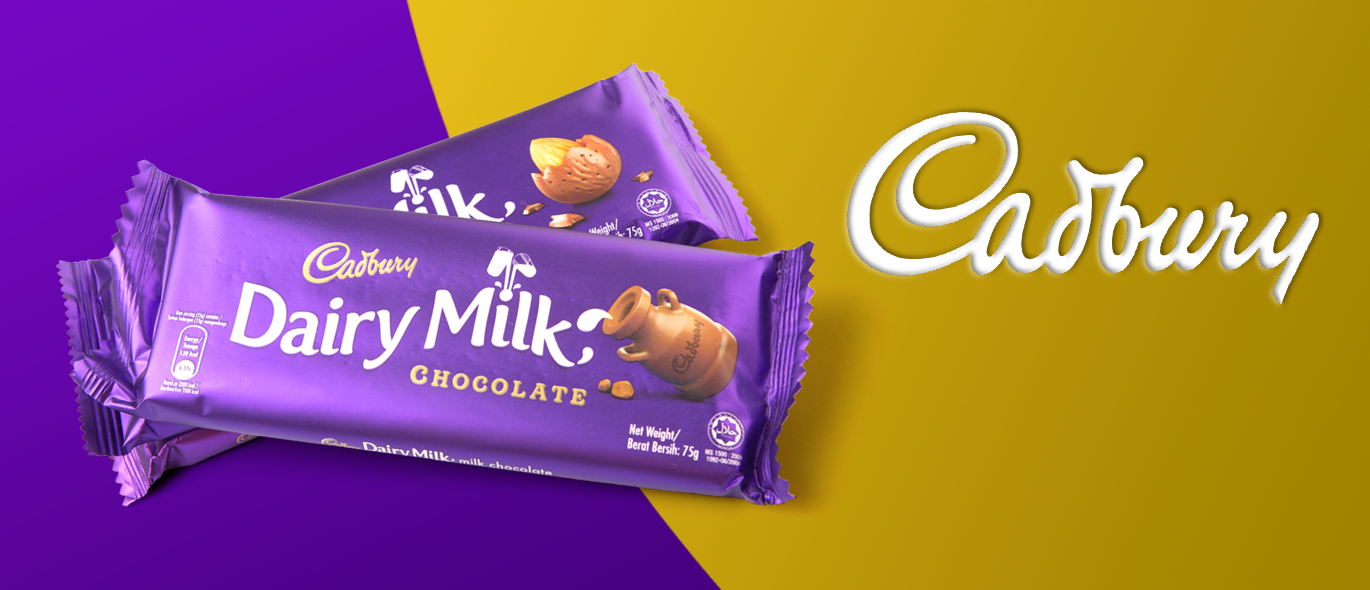 Cadbury logo with purple and gold background and a Dairy Milk bar