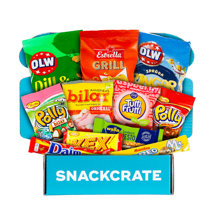 Image of an open Sweden SnackCrate overflowing with snacks