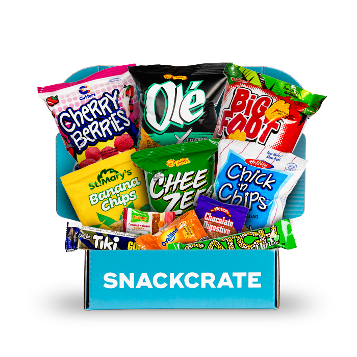A blue open SnackCrate from Caribbean overflowing with snacks