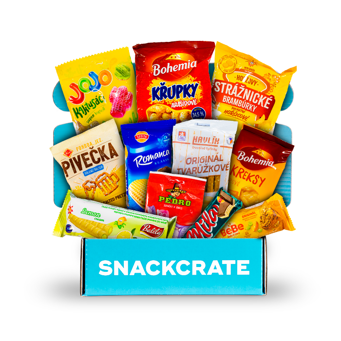 Image of an open Czechia SnackCrate overflowing with snacks