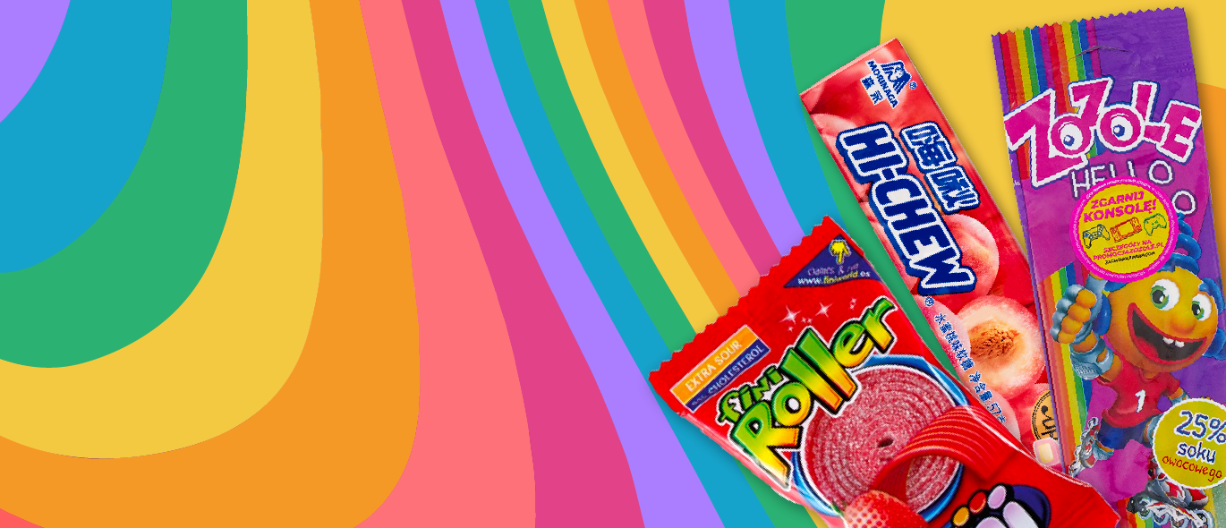 'Sweet + Sour' written in white text on a rainbow-colored background with packages of sweet and sour candies on the right side