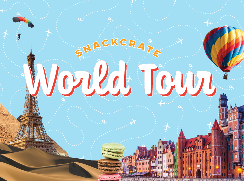 Orange, red, and white text that reads 'SnackCrate World Tour' with a background collage of famous places from around the globe including the Eiffel Tower and Egyptian pyramids