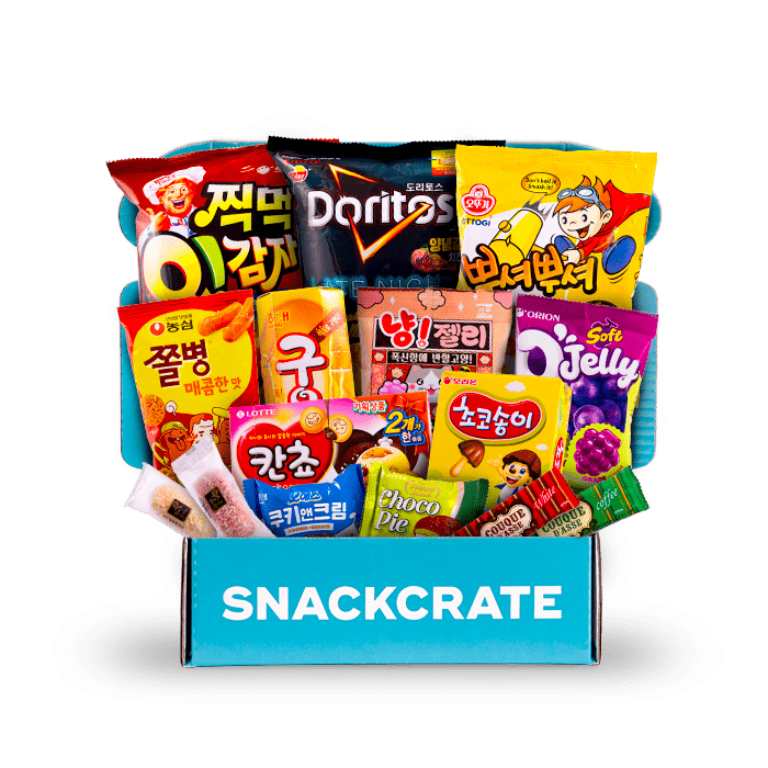 A blue open SnackCrate from South Korea overflowing with snacks