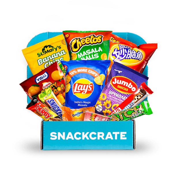 Image of an open World Tour SnackCrate overflowing with snacks