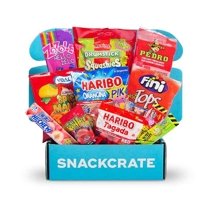 Image of an open Gummie Crate collection box overflowing with snacks