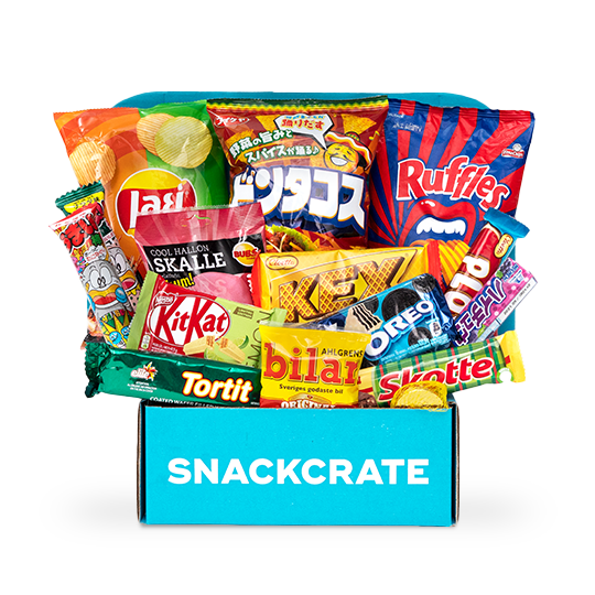 Image of an open World Tour SnackCrate overflowing with snacks