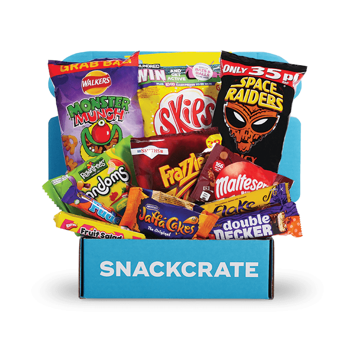 A blue open SnackCrate from United Kingdom overflowing with snacks
