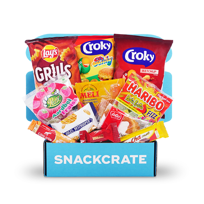 A blue open SnackCrate from Belgium overflowing with snacks