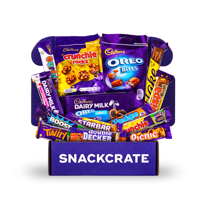 Image of an open Cadbury collection box overflowing with snacks
