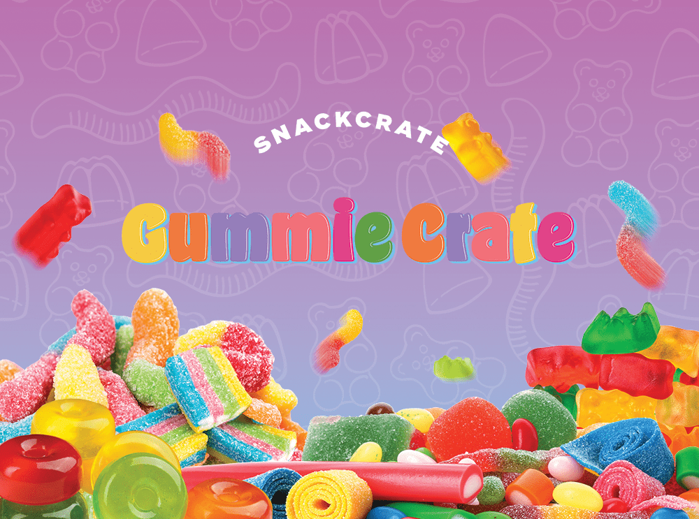 SnackCrate branded Gummie Crate text logo along with various gummy snacks