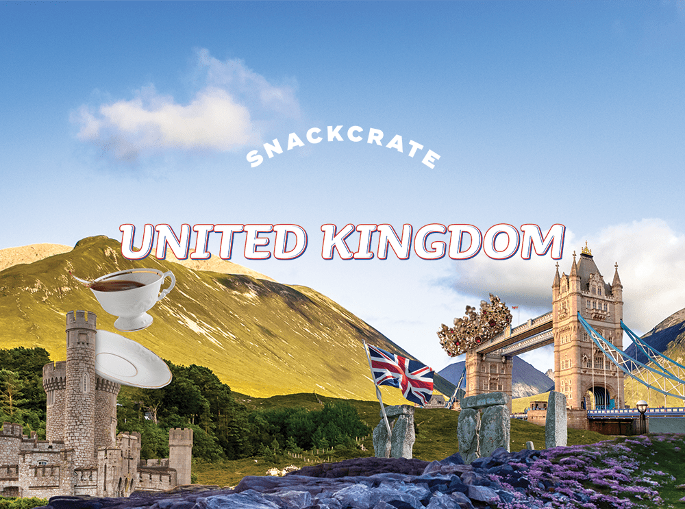 White text that reads 'SnackCrate United Kingdom' with a background collage of famous places from the UK including Stonehenge and London Bridge