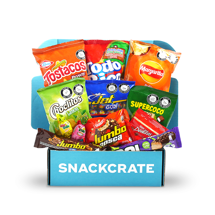 A blue open SnackCrate from Colombia overflowing with snacks