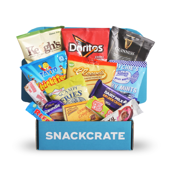 A blue open SnackCrate from Ireland overflowing with snacks