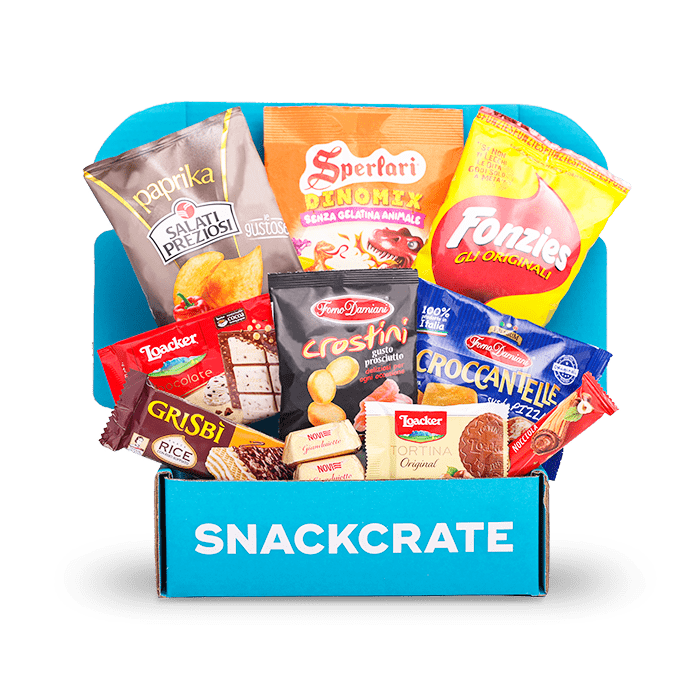 A blue open SnackCrate from Italy overflowing with snacks