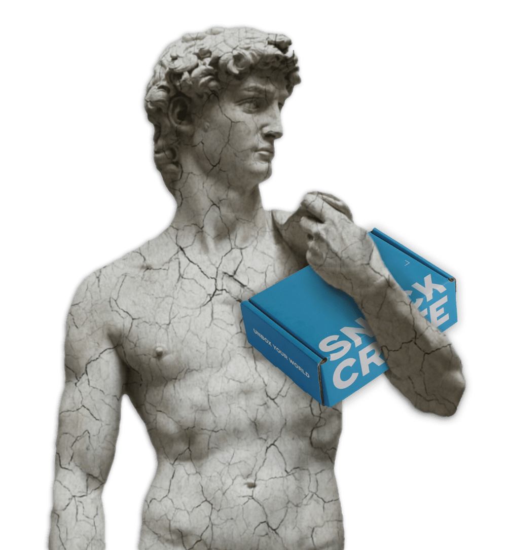 Michelangelo's David cradling a blue SnackCrate in his left arm.