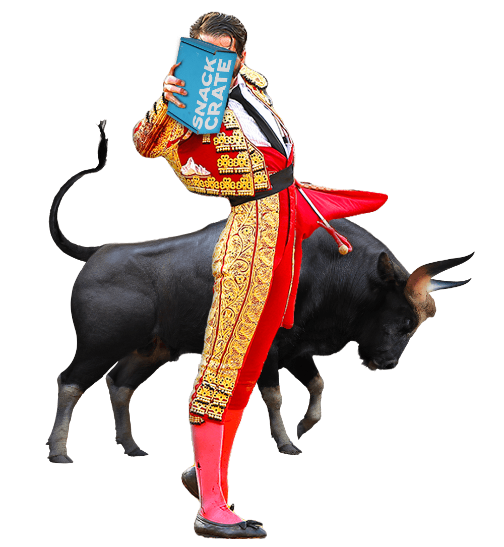 A Spanish Matador holding a blue SnackCrate with charging bull in the background
