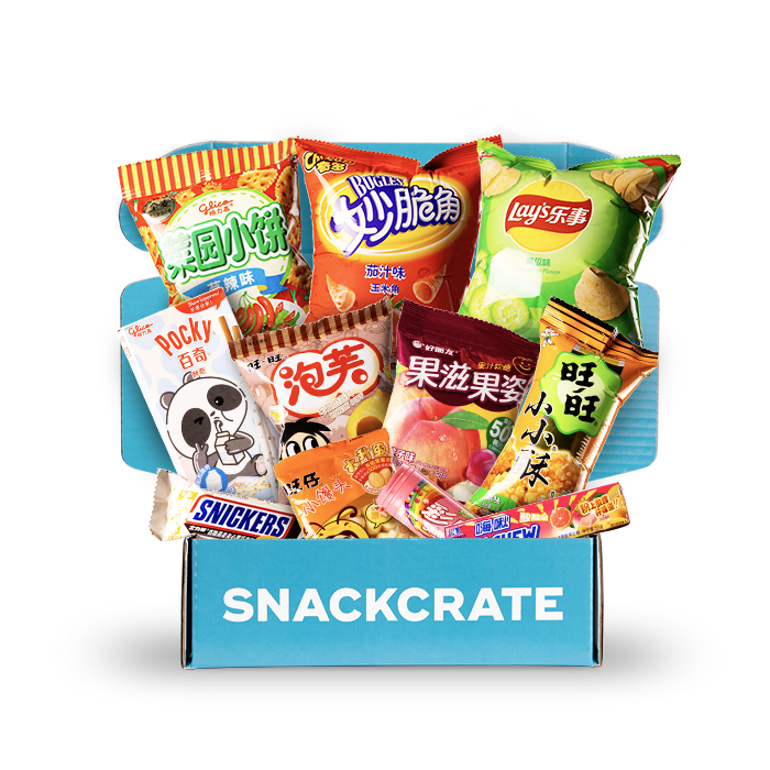 A blue open SnackCrate from China overflowing with snacks