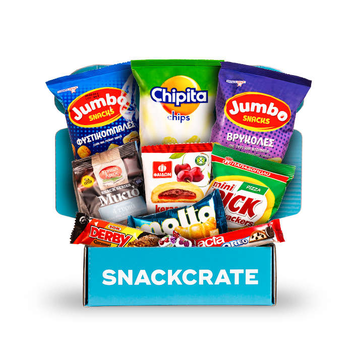 A blue open SnackCrate from Greece overflowing with snacks