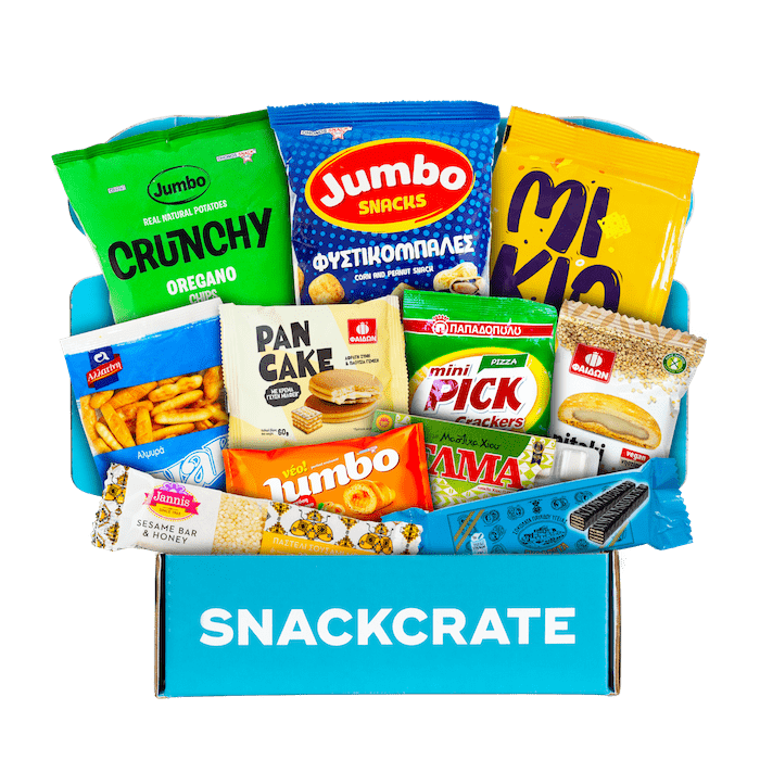 A blue open SnackCrate from Greece overflowing with snacks