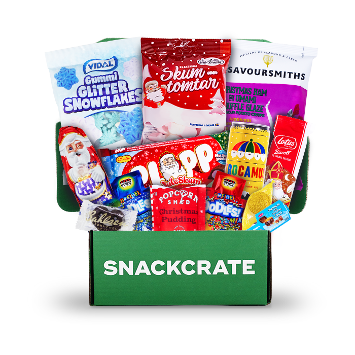 Image of an open Holiday Crate collection box overflowing with snacks
