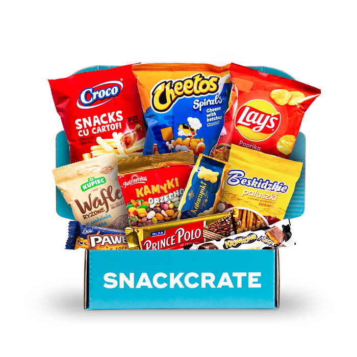 A blue open SnackCrate from Poland overflowing with snacks