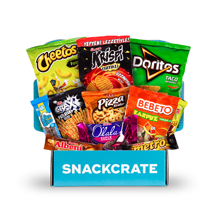 A blue open SnackCrate from Turkey overflowing with snacks