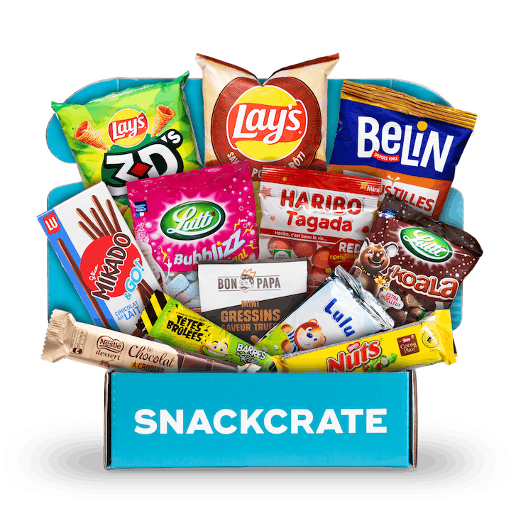Image of an open France SnackCrate overflowing with snacks