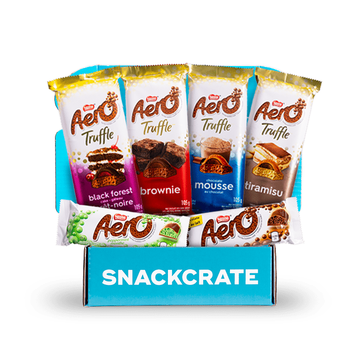 Image of an open Aero Canada collection box overflowing with snacks