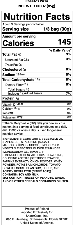 snack nutrional info